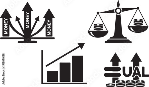Financial growth and balance concept with money symbols rising