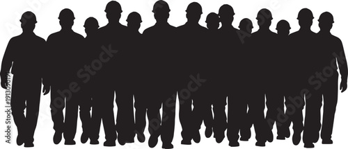 Group of Silhouetted Workers Walking Forward on White Background