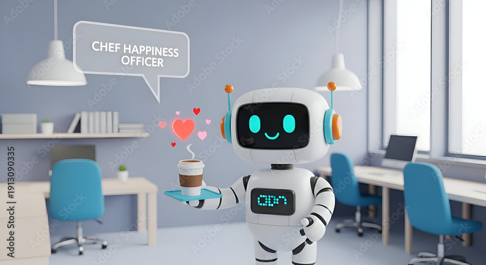Fototapeta premium Cheerful Robot Chief Happiness Officer Offering Coffee in Modern Office.