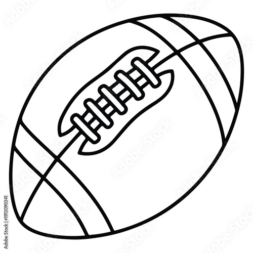 A clean black and white outline of an American football with classic laces and stripes. This sports ball illustration is perfect for youth athletic coloring pages, game day flyers, and team equipment 