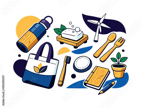   Sustainable product design trend. Minimal objects crafted from eco materials floating in