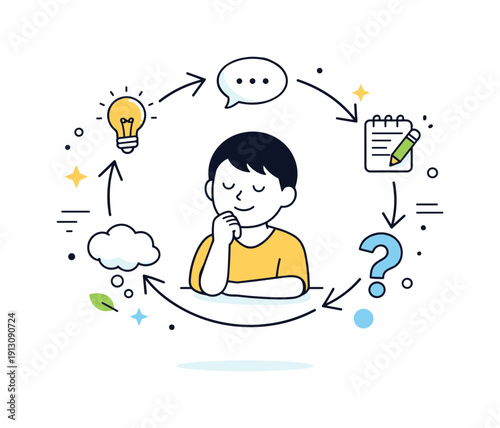 Thought loops. A simple character surrounded by circular arrows and repeated icons, calmly thinking while ideas move in a loop. Mood of