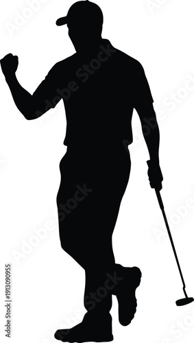 A silhouette of a golfer celebrating a successful shot on the course with a golf club