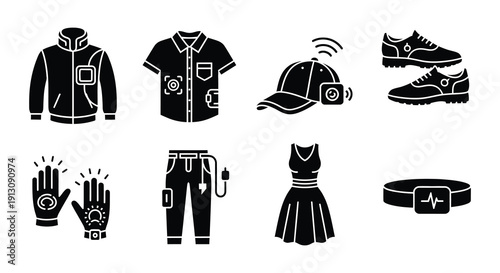 Stylized icons depicting futuristic clothing and tech accessories in black