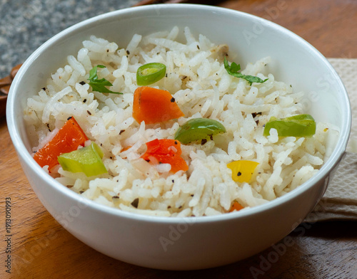 Ghee Rice, vegetable pulav, steamed rice with vegetables an Indian Delicacy. Close up view. 