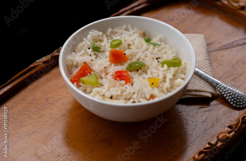 Ghee Rice, vegetable pulav, steamed rice with vegetables an Indian Delicacy. Close up view. 