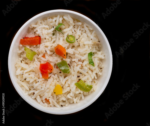 Ghee Rice, vegetable pulav, steamed rice with vegetables an Indian Delicacy. Top view. 