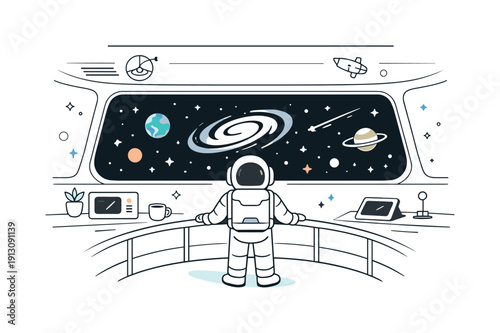 An astronaut looking out at the galaxy from the observation deck of a space station. A serene scene showing interior station