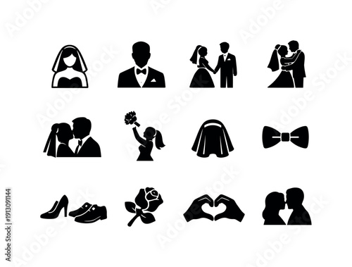 Wedding Icon Set. Bride & Groom. Solid icon set of Bride & Groom: bride icon, groom icon, holding hands, first dance, kiss moment, bouquet toss, wedding veil,