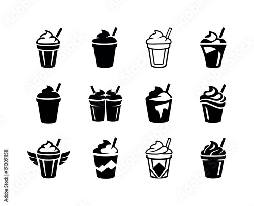 Ice cream and cold beverages. Icon set. Set Logo of Ice cream and cold beverages: milkshake cup with foam. harmonious logo variations of the