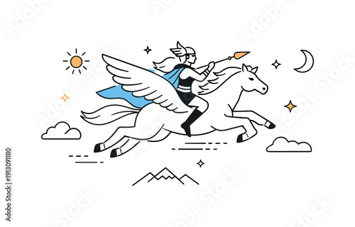 Legendary sky rider. A minimalist fantasy scene with a Valkyrie and winged horse moving across wide empty space, strong sense of freedom.