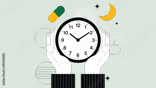Minimalist illustration of hands holding a clock, pill, and moon, representing the importance of medication timing, healthy sleep, and overall personal wellness