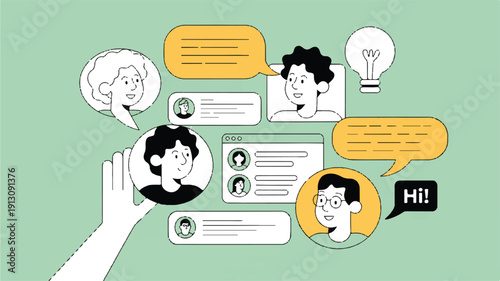Minimalist flat design illustration of diverse individuals connecting through online chat and digital messages, fostering social interaction and collaborative idea sharing