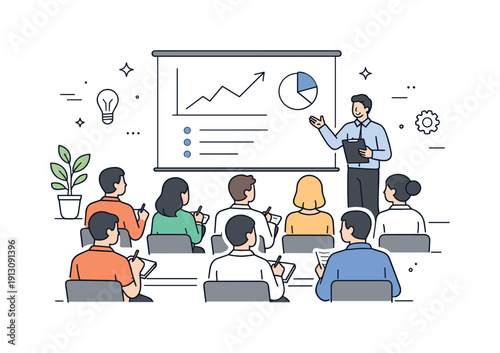 Seminar audience coverage. Rows of seated attendees taking notes while a speaker presents slides, balanced and quiet learning mood. Clean