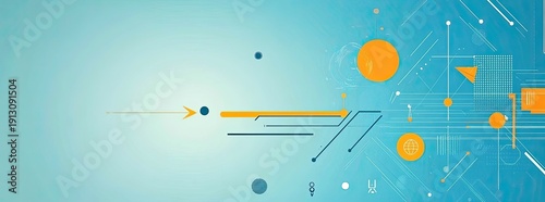 Blue background with geometric patterns and arrows in vector style, with white stripes on the right side