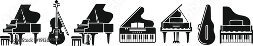 Piano And Violin Silhouette Collection Musical Instruments Orchestra Music Icons Black Vector Illustration Set