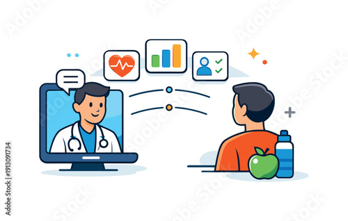 Personalized health and wellness solutions represented by a doctor and user connected through a simplified digital interface, symbolizing