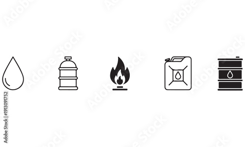 Energy, Transport, Finance, and Water Icon Set – Fuel, Vehicles, Financial Growth, and Water Conservation Vector Symbols