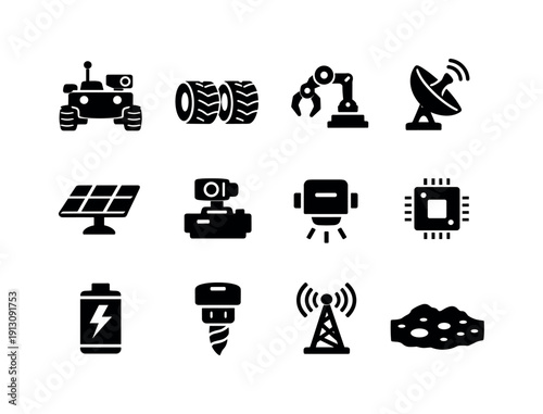 Lunar Rover Icons. Lunar rover. Solid icon set of Lunar rover: exploration rover front view, heavy duty wheels, robotic sampling claw, space communication