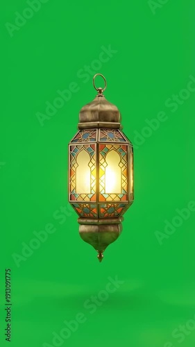 Glowing Traditional Arabic Lantern Hanging Against a Green Screen Background