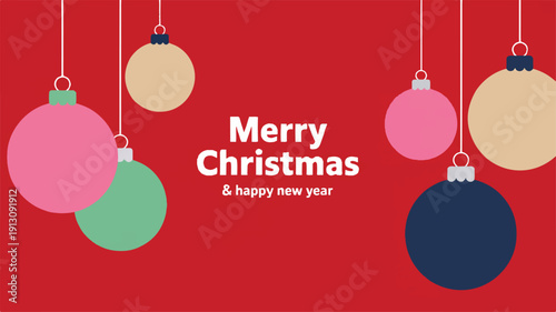 Minimalist Merry Christmas and Happy New Year greeting card with hanging baubles on a red background