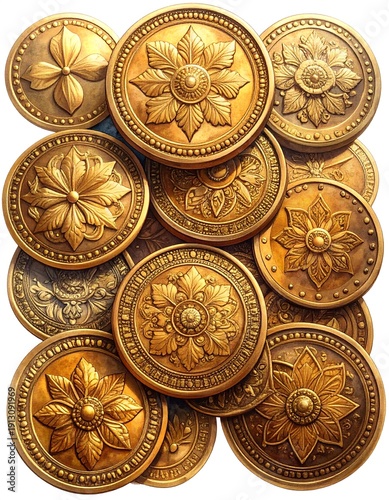 Golden Decorative Coins Piled Nestled Round Ornaments