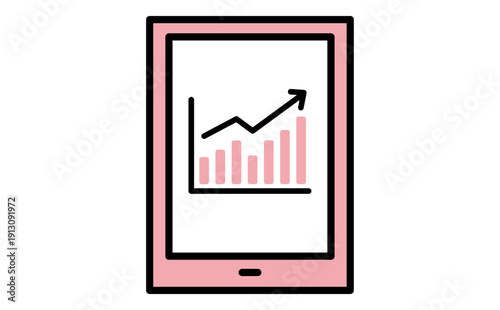 マーケティングの売上や業務データの推移を示すグラフを表示したタブレット端末のビジネスイラスト