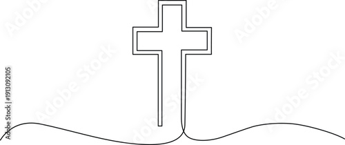 A simple line drawing of a cross standing on a hill with a wavy base. Vector