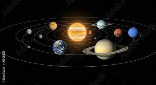 The solar system with the sun at the center and planets orbiting around it.