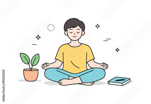 Minimalist lifestyle and decluttering trends. Person sitting peacefully in an uncluttered room, a single plant and notebook nearby. Calm