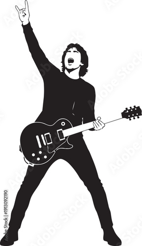 Guitarist Playing Guitar Silhouettes Performance Pose Isolated On White Background