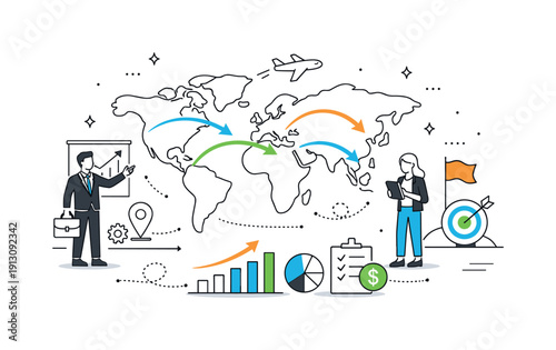 International business growth. Company expanding operations across borders, steady progress and ambition. Arrows connecting countries,