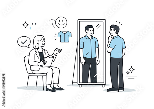 Mirror Feedback Exchange. Professional feedback through reflection. A client and advisor reviewing posture or appearance using a mirror, relaxed interaction