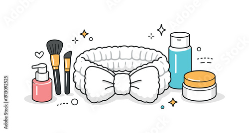 Minimalist Beauty Essentials. Beauty accessory close-up. A cosmetic headband neatly laid out with brushes and bottles nearby, highlighting texture