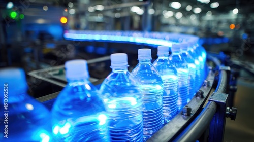 Automated production line with plastic water bottles moving on a conveyor belt in a modern manufacturing factory under blue light.