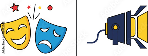 Theater masks and stage spotlight icon entertainment cinema drama vector illustration isolated on white background - flat vector illustration