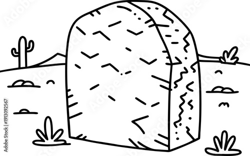 Ancient carved stone monument in desert landscape with sparse vegetation and distant hills