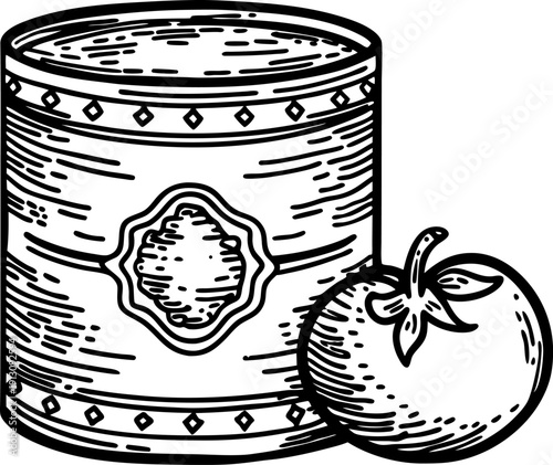 Vintage canned tomato design with fresh tomato illustration, hand drawn food packaging concept