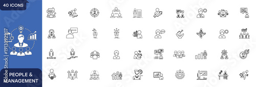 People and Management Line Icon Set, Business Leadership Teamwork HR Strategy Corporate Growth Communication Organization and Employee Development Outline Vector Collection