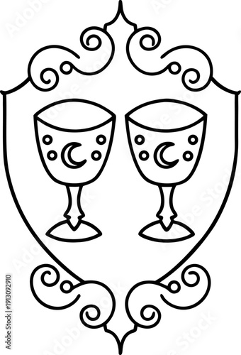 two decorative goblets with moon symbols inside ornate vintage shield frame