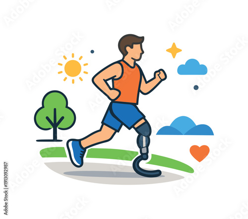 Daily life with prosthetics an active lifestyle concept showing a person jogging in a park with a prosthetic limb, conveying freedom of