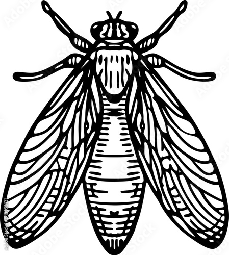 Detailed black and white cicada illustration insect with detailed wings and body viewed from above