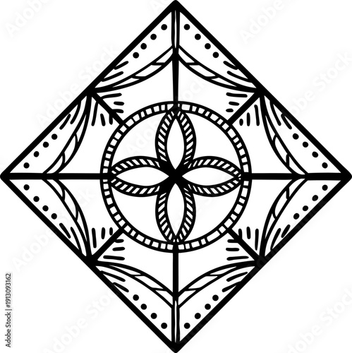 Abstract geometric diamond shaped mandala with floral center and decorative line patterns