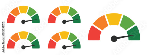 Set of score meters with speedometer-style gauge indicators, featuring energy efficiency, consumer satisfaction, and dial measurement arrows with scales and indication lines in vector format.