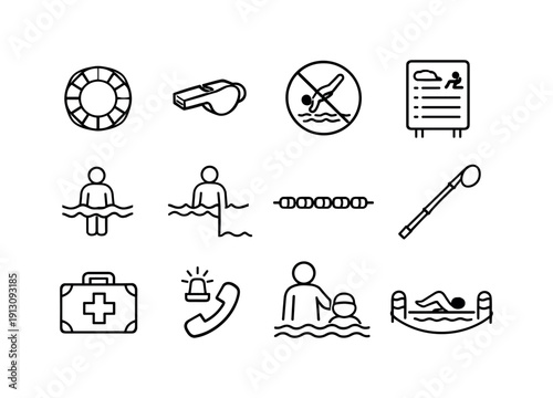    Swimming safety. Line icon set of Swimming safety: lifebuoy ring, lifeguard whistle, no diving sign, swim rules sign, shallow water icon,
