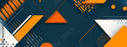 Blue background with orange geometric patterns and diagonal lines