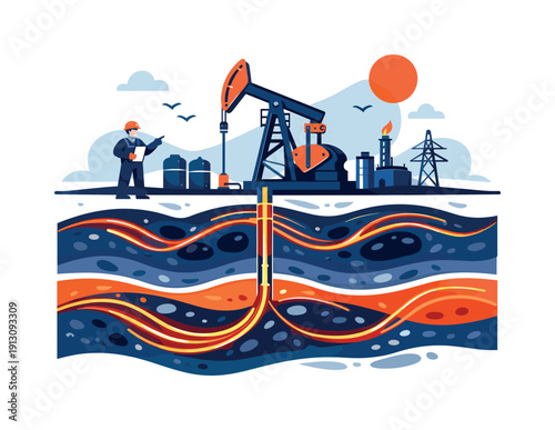   Oil extraction site. Pumpjack operating above ground while underground reservoirs are