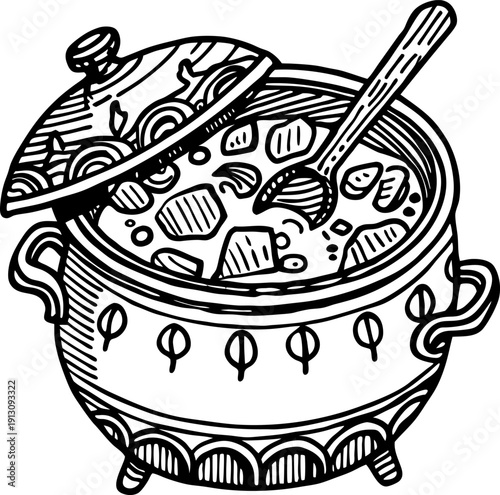 Decorative pot with lid open cooking vegetable stew with wooden spoon inside