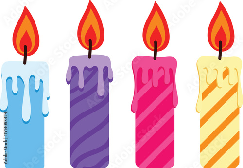 Colorful melting wax candles with flame vector set