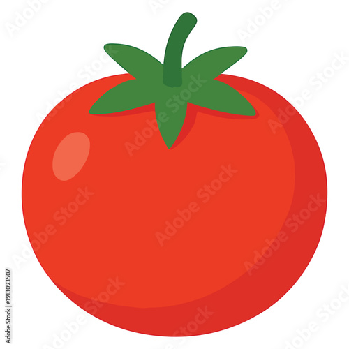 A plump red tomato with a green stem. A versatile flat-style graphic for cooking, salad, and garden-fresh produce themes.